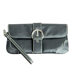 Women's Designer Black Vegan Leather Wallet Organizer Clutch w/ Wrist Strap -EUC